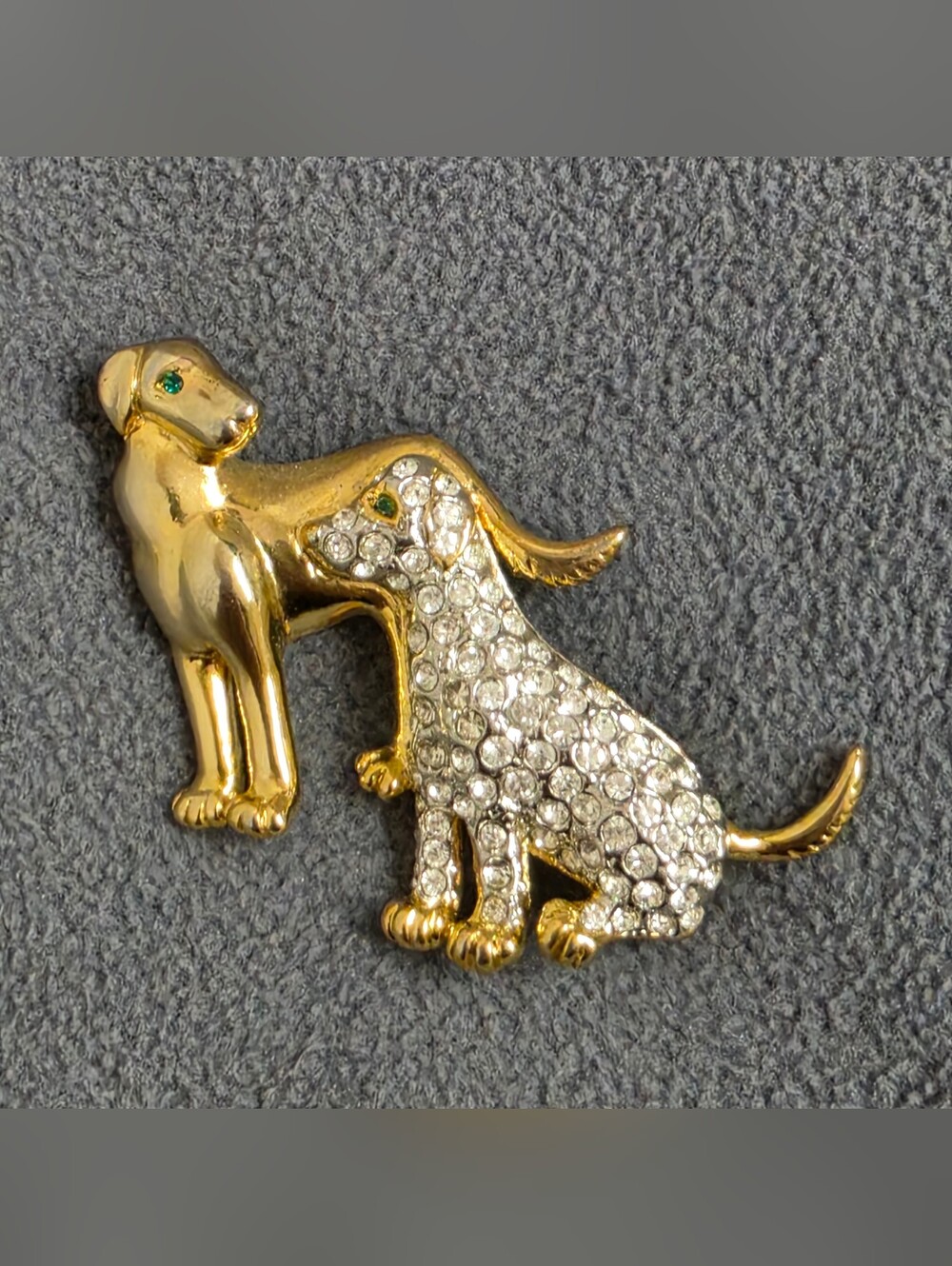 Gold Tone Two Dogs Brooch Clear Rhinestones Green Eyes Figural Pin New